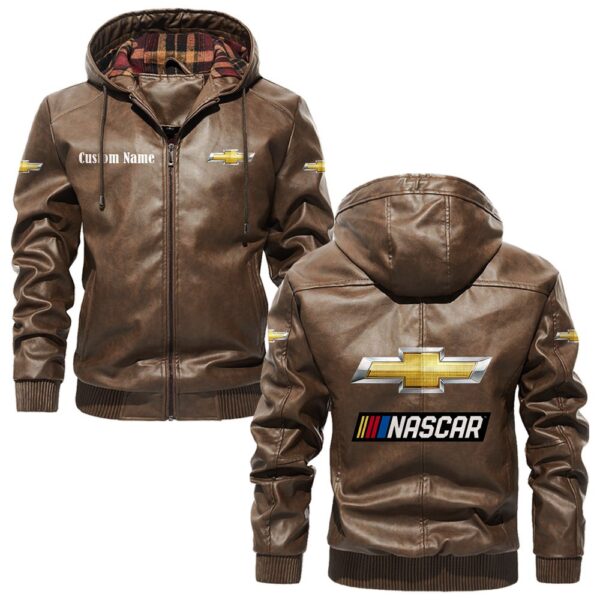 Custom Name Chevy Nascar PU Leather Hooded Jacket – Personalized Logo Car Motorcycle Model - Image 3