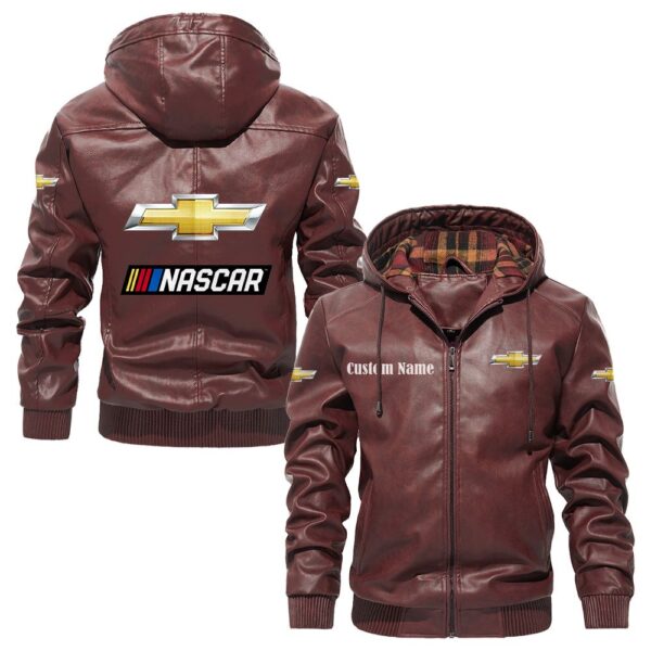 Custom Name Chevy Nascar PU Leather Hooded Jacket – Personalized Logo Car Motorcycle Model - Image 2