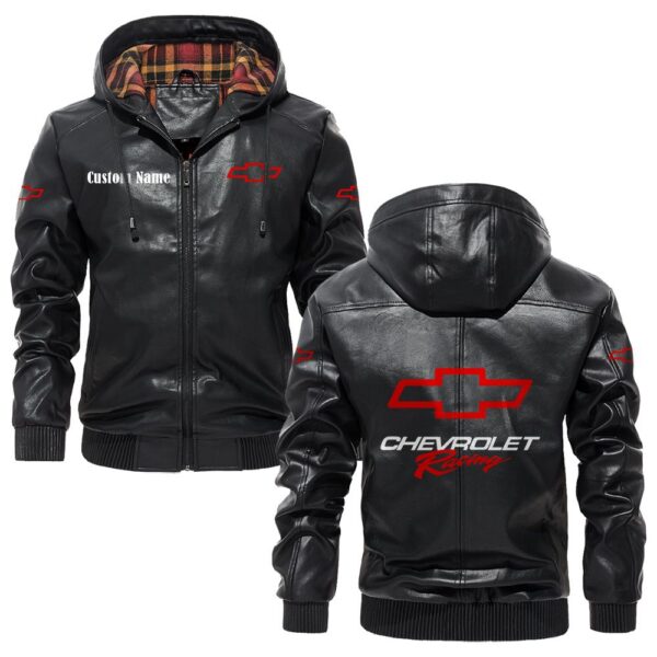 Custom Name Chevy Racing PU Leather Hooded Jacket – Personalized Logo Car Motorcycle Model