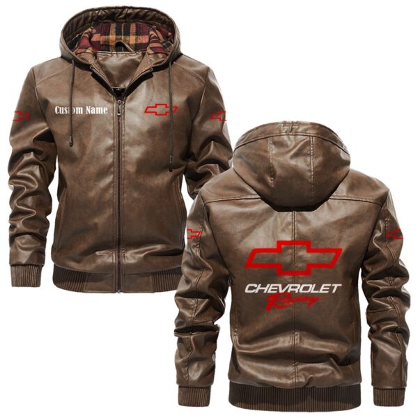 Custom Name Chevy Racing PU Leather Hooded Jacket – Personalized Logo Car Motorcycle Model - Image 3
