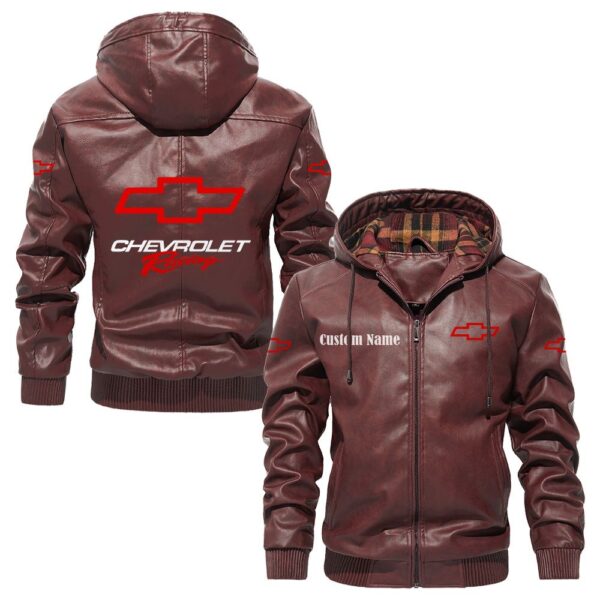 Custom Name Chevy Racing PU Leather Hooded Jacket – Personalized Logo Car Motorcycle Model - Image 2