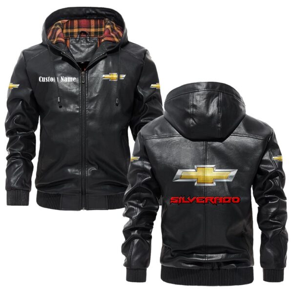 Custom Name Chevy Silverado PU Leather Hooded Jacket – Personalized Logo Car Motorcycle Model