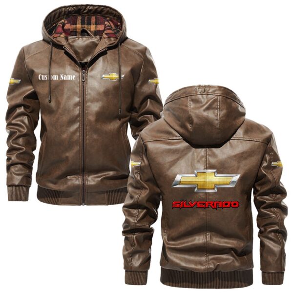 Custom Name Chevy Silverado PU Leather Hooded Jacket – Personalized Logo Car Motorcycle Model - Image 3