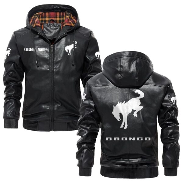 Custom Name Ford Bronco PU Leather Hooded Jacket – Personalized Logo Car Motorcycle Model
