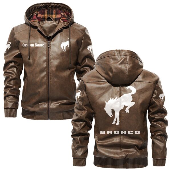 Custom Name Ford Bronco PU Leather Hooded Jacket – Personalized Logo Car Motorcycle Model - Image 3