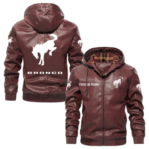 Custom Name Ford Bronco PU Leather Hooded Jacket – Personalized Logo Car Motorcycle Model - Image 2