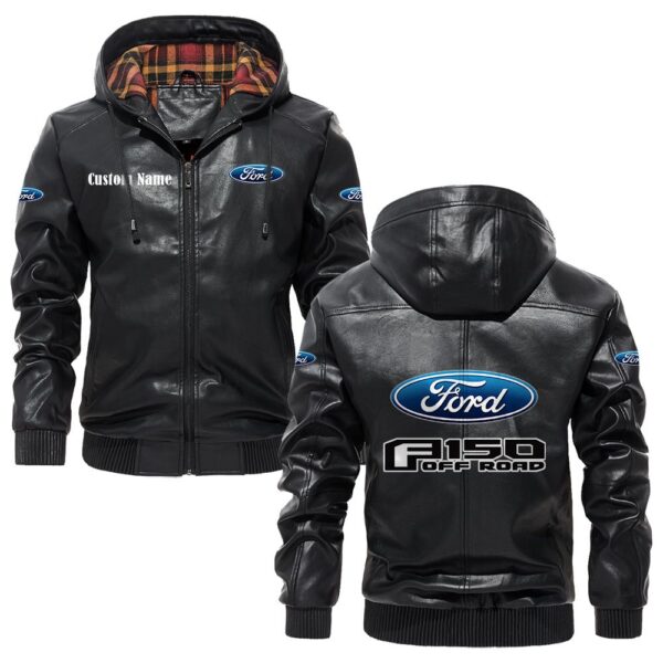 Custom Name Ford F150 PU Leather Hooded Jacket – Personalized Logo Car Motorcycle Model