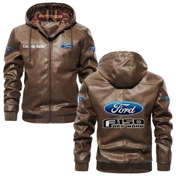 Custom Name Ford F150 PU Leather Hooded Jacket – Personalized Logo Car Motorcycle Model - Image 3