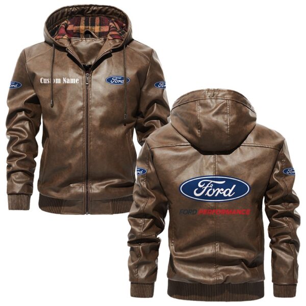 Custom Name Ford Performance PU Leather Hooded Jacket – Personalized Logo Car Motorcycle Model - Image 3