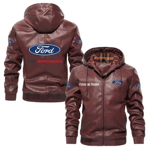 Custom Name Ford Performance PU Leather Hooded Jacket – Personalized Logo Car Motorcycle Model - Image 2
