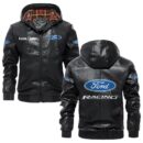 Custom Name Ford Racing 2 PU Leather Hooded Jacket – Personalized Logo Car Motorcycle Model