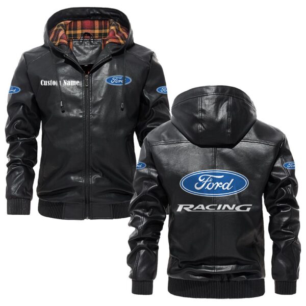 Custom Name Ford Racing 2 PU Leather Hooded Jacket – Personalized Logo Car Motorcycle Model