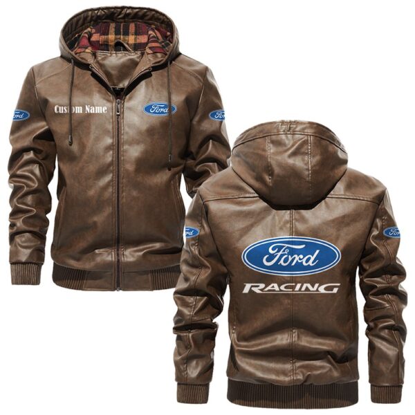 Custom Name Ford Racing 2 PU Leather Hooded Jacket – Personalized Logo Car Motorcycle Model - Image 3