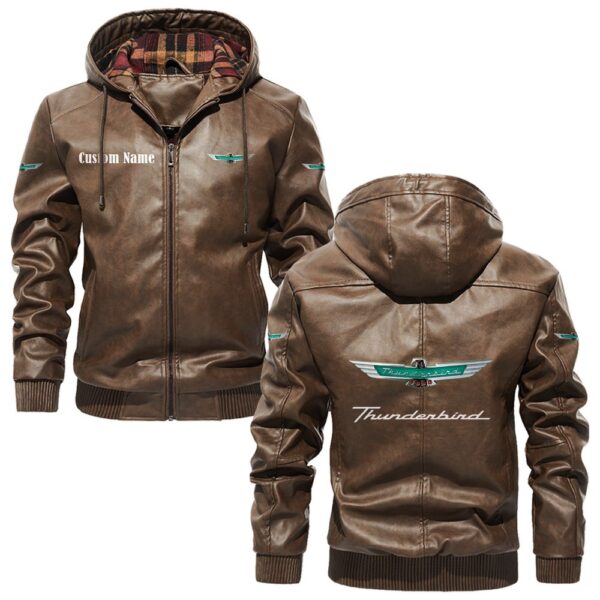 Custom Name Ford Thunderbird PU Leather Hooded Jacket – Personalized Logo Car Motorcycle Model - Image 3