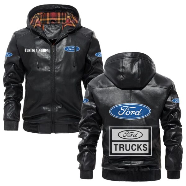 Custom Name Ford Truck PU Leather Hooded Jacket – Personalized Logo Car Motorcycle Model