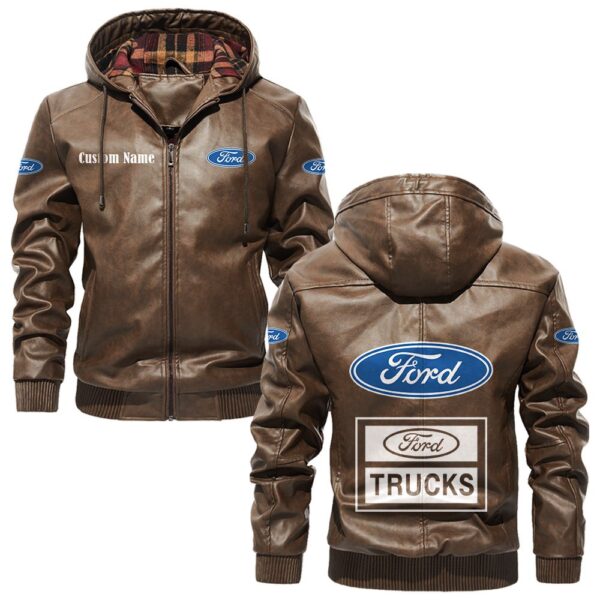 Custom Name Ford Truck PU Leather Hooded Jacket – Personalized Logo Car Motorcycle Model - Image 3