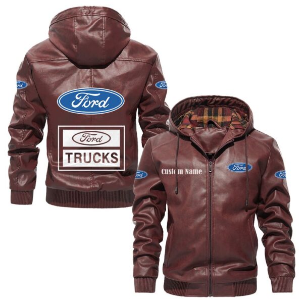 Custom Name Ford Truck PU Leather Hooded Jacket – Personalized Logo Car Motorcycle Model - Image 2