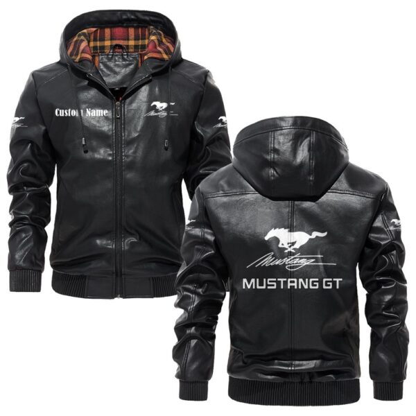 Custom Name Mustang Gt PU Leather Hooded Jacket – Personalized Logo Car Motorcycle Model