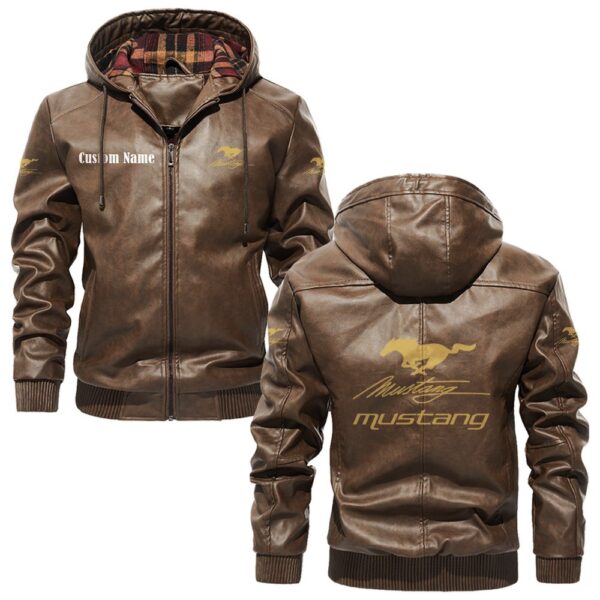 Custom Name Mustang Racing PU Leather Hooded Jacket – Personalized Logo Car Motorcycle Model - Image 3