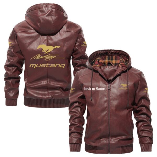 Custom Name Mustang Racing PU Leather Hooded Jacket – Personalized Logo Car Motorcycle Model - Image 2