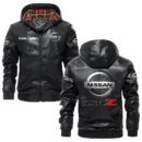 Custom Name Nissan 350z PU Leather Hooded Jacket – Personalized Logo Car Motorcycle Model