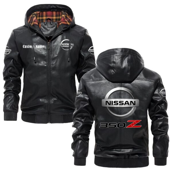 Custom Name Nissan 350z PU Leather Hooded Jacket – Personalized Logo Car Motorcycle Model