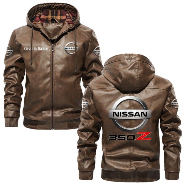 Custom Name Nissan 350z PU Leather Hooded Jacket – Personalized Logo Car Motorcycle Model - Image 3