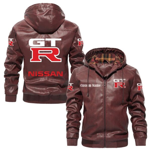 Custom Name Nissan Gtr PU Leather Hooded Jacket – Personalized Logo Car Motorcycle Model - Image 2
