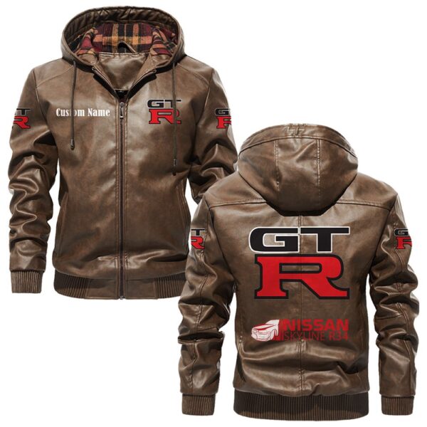 Custom Name Nissan R34 PU Leather Hooded Jacket – Personalized Logo Car Motorcycle Model - Image 3