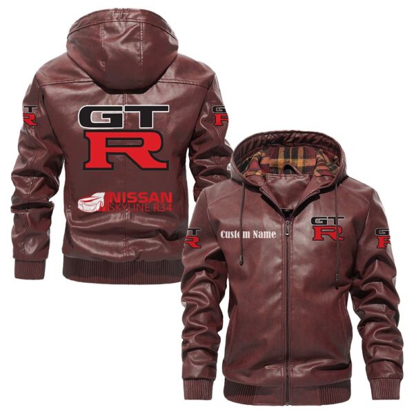 Custom Name Nissan R34 PU Leather Hooded Jacket – Personalized Logo Car Motorcycle Model - Image 2