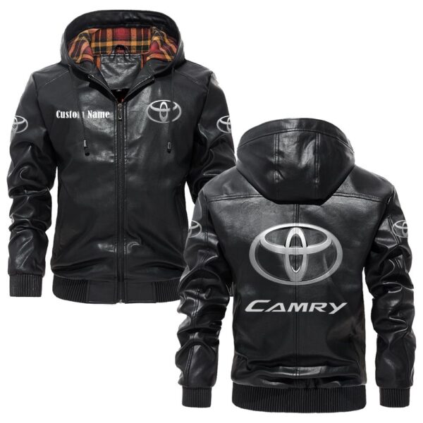Custom Name Toyota Camry PU Leather Hooded Jacket – Personalized Logo Car Motorcycle Model
