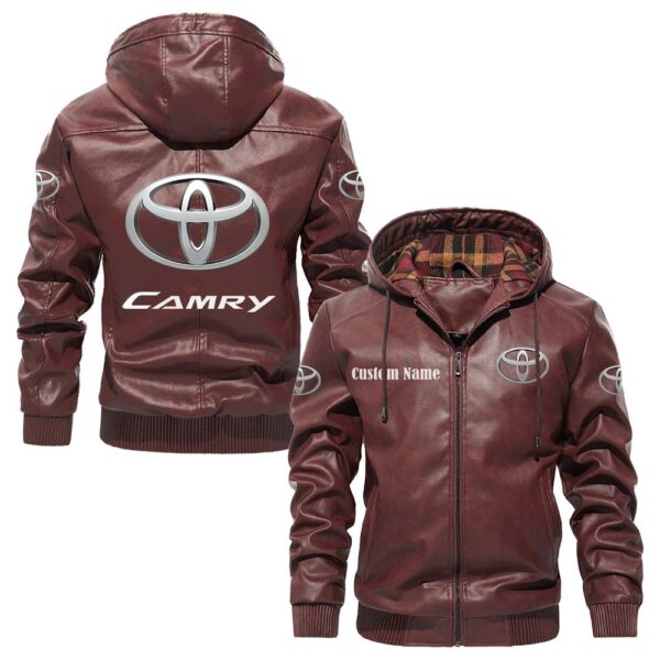 Custom Name Toyota Camry PU Leather Hooded Jacket – Personalized Logo Car Motorcycle Model - Image 2