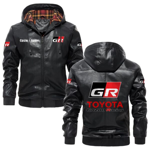 Custom Name Toyota Gazoo Racing Leather Hooded Jacket – Personalized Logo Car Motorcycle Model
