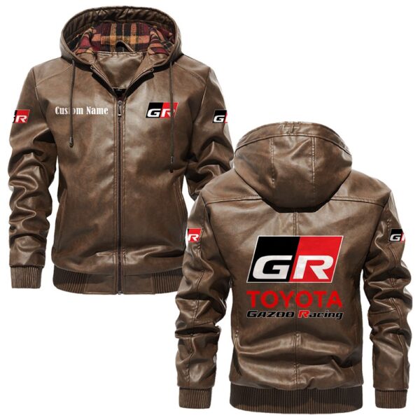 Custom Name Toyota Gazoo Racing Leather Hooded Jacket – Personalized Logo Car Motorcycle Model - Image 3