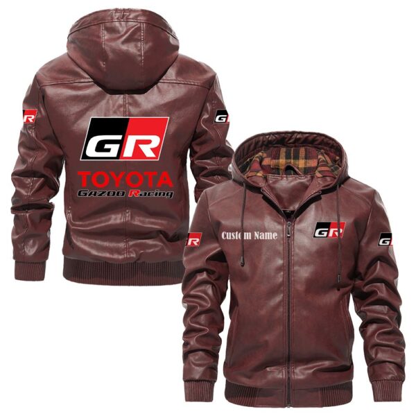 Custom Name Toyota Gazoo Racing Leather Hooded Jacket – Personalized Logo Car Motorcycle Model - Image 2