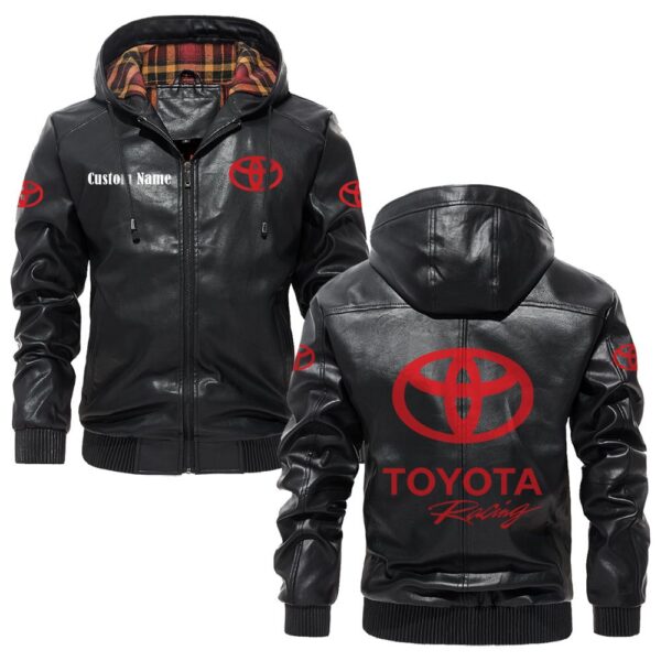 Custom Name Toyota Racing PU Leather Hooded Jacket – Personalized Logo Car Motorcycle Model