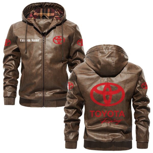 Custom Name Toyota Racing PU Leather Hooded Jacket – Personalized Logo Car Motorcycle Model - Image 3