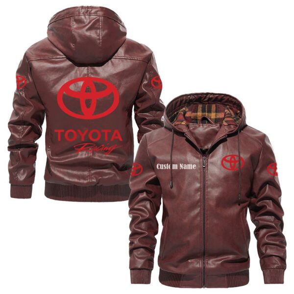 Custom Name Toyota Racing PU Leather Hooded Jacket – Personalized Logo Car Motorcycle Model - Image 2
