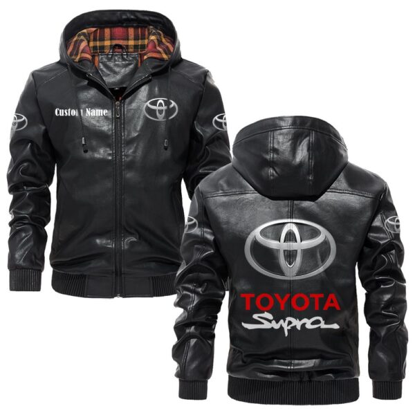 Custom Name Toyota Supra PU Leather Hooded Jacket – Personalized Logo Car Motorcycle Model