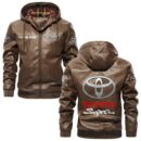 Custom Name Toyota Supra PU Leather Hooded Jacket – Personalized Logo Car Motorcycle Model