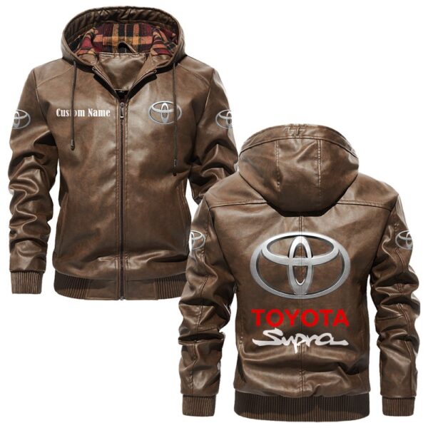 Custom Name Toyota Supra PU Leather Hooded Jacket – Personalized Logo Car Motorcycle Model - Image 3