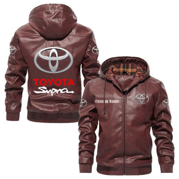 Custom Name Toyota Supra PU Leather Hooded Jacket – Personalized Logo Car Motorcycle Model - Image 2