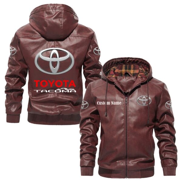 Custom Name Toyota Tacoma PU Leather Hooded Jacket – Personalized Logo Car Motorcycle Model - Image 2