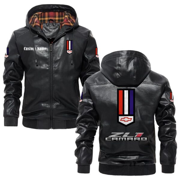Custom Name Zl1 PU Leather Hooded Jacket - Personalized Logo Car Motorcycle Model