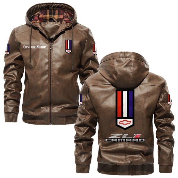 Custom Name Zl1 PU Leather Hooded Jacket - Personalized Logo Car Motorcycle Model - Image 3