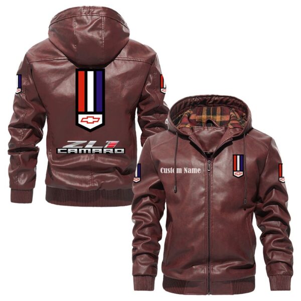 Custom Name Zl1 PU Leather Hooded Jacket - Personalized Logo Car Motorcycle Model - Image 2