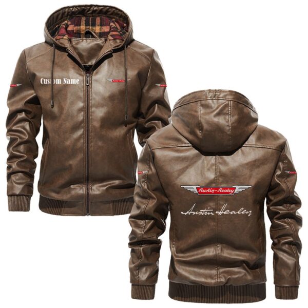 Custom Name Austin Healey PU Leather Hooded Jacket – Personalized Logo Car Motorcycle Model - Image 3