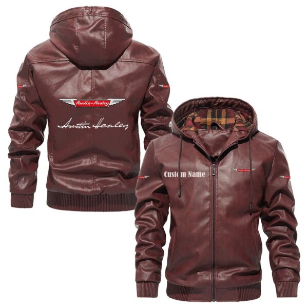 Custom Name Austin Healey PU Leather Hooded Jacket – Personalized Logo Car Motorcycle Model - Image 2