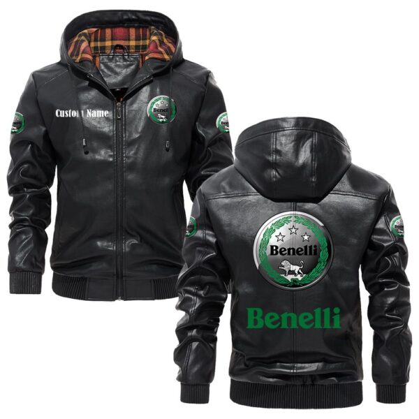 Custom Name Benelli PU Leather Hooded Jacket – Personalized Logo Car Motorcycle Model