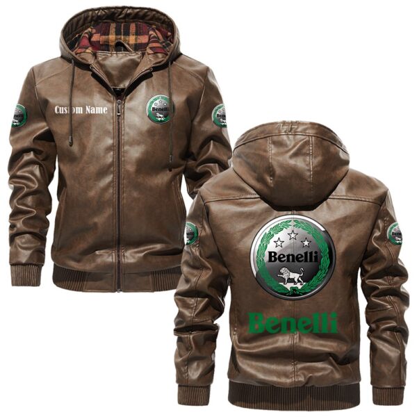 Custom Name Benelli PU Leather Hooded Jacket – Personalized Logo Car Motorcycle Model - Image 3